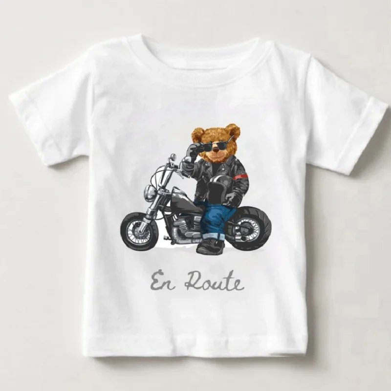 Funny bear riding motorcycle car print boys and girls white t-shirt children's summer harajuku funny baby clothes tops