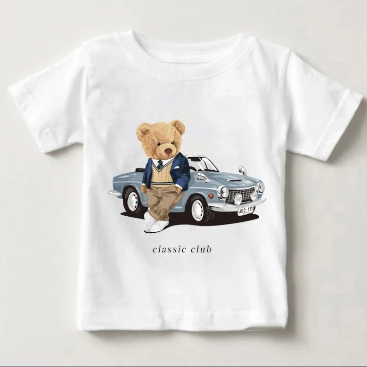 Funny bear riding motorcycle car print boys and girls white t-shirt children's summer harajuku funny baby clothes tops