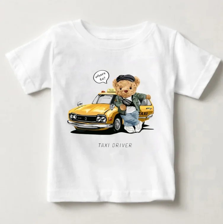 Funny bear riding motorcycle car print boys and girls white t-shirt children's summer harajuku funny baby clothes tops