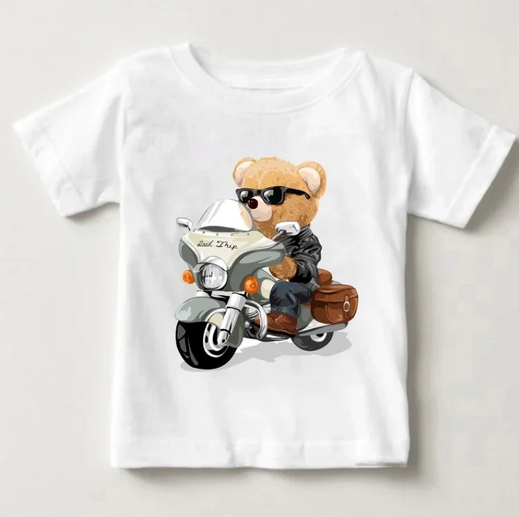 Funny bear riding motorcycle car print boys and girls white t-shirt children's summer harajuku funny baby clothes tops