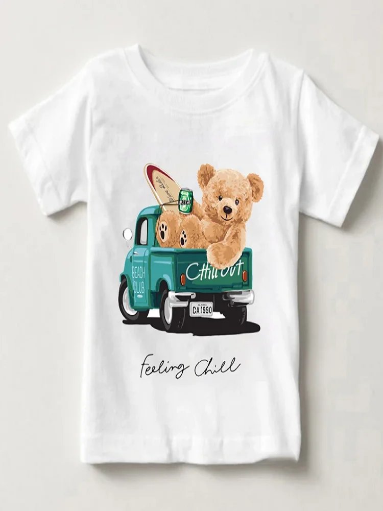 Funny bear riding motorcycle car print boys and girls white t-shirt children's summer harajuku funny baby clothes tops