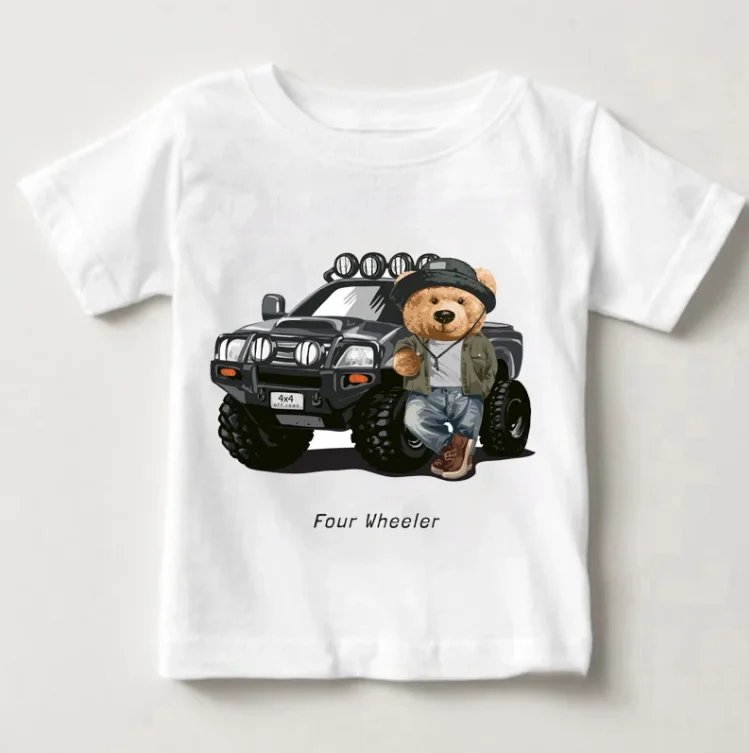 Funny bear riding motorcycle car print boys and girls white t-shirt children's summer harajuku funny baby clothes tops