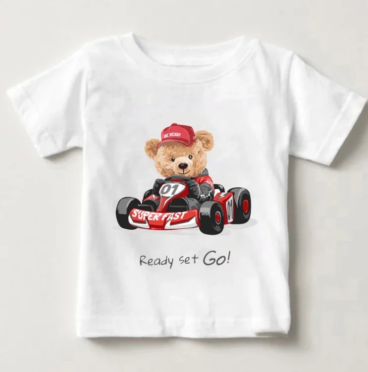 Funny bear riding motorcycle car print boys and girls white t-shirt children's summer harajuku funny baby clothes tops