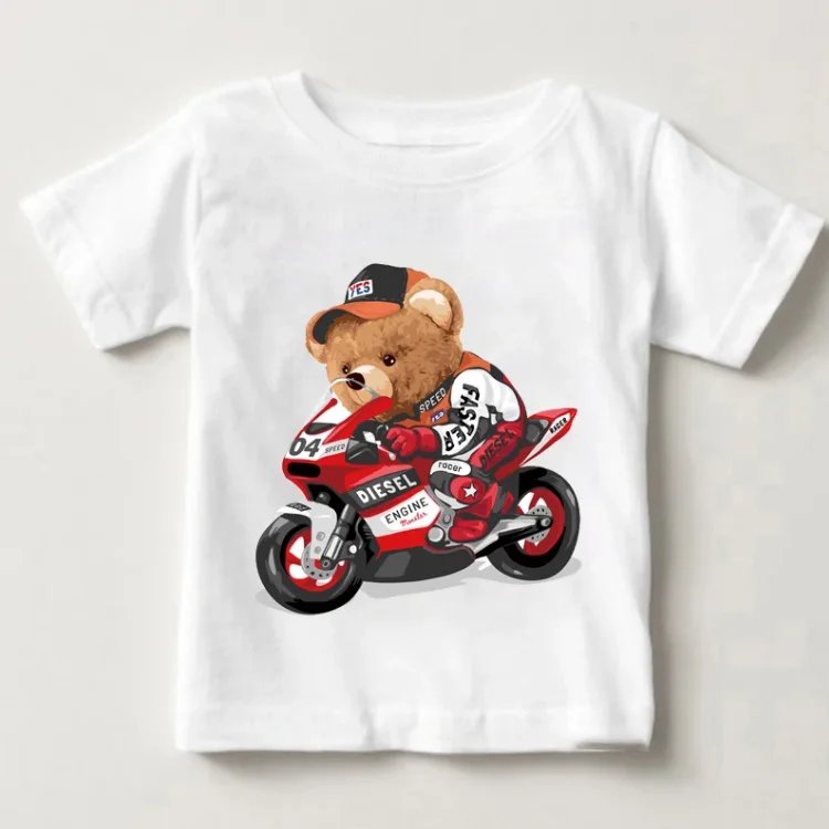 Funny bear riding motorcycle car print boys and girls white t-shirt children's summer harajuku funny baby clothes tops