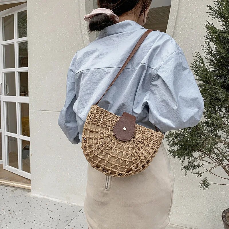 Yogodlns summer straw bag for women fashion semicircle crossbody bags rattan handmade messenger handbag travel beach bags tote