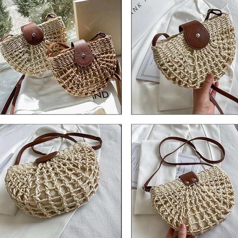 Yogodlns summer straw bag for women fashion semicircle crossbody bags rattan handmade messenger handbag travel beach bags tote