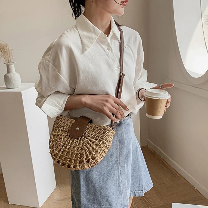 Yogodlns summer straw bag for women fashion semicircle crossbody bags rattan handmade messenger handbag travel beach bags tote