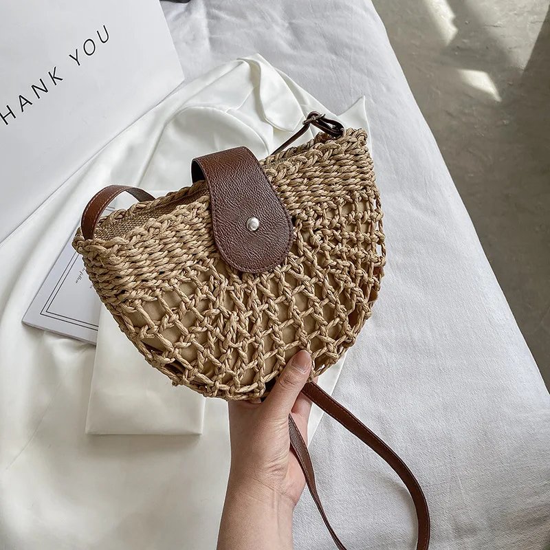 Yogodlns summer straw bag for women fashion semicircle crossbody bags rattan handmade messenger handbag travel beach bags tote