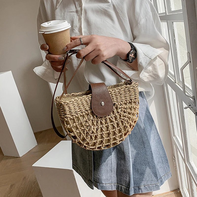 Yogodlns summer straw bag for women fashion semicircle crossbody bags rattan handmade messenger handbag travel beach bags tote