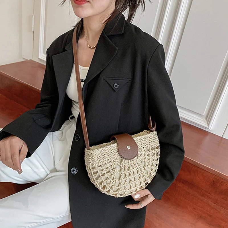 Yogodlns summer straw bag for women fashion semicircle crossbody bags rattan handmade messenger handbag travel beach bags tote