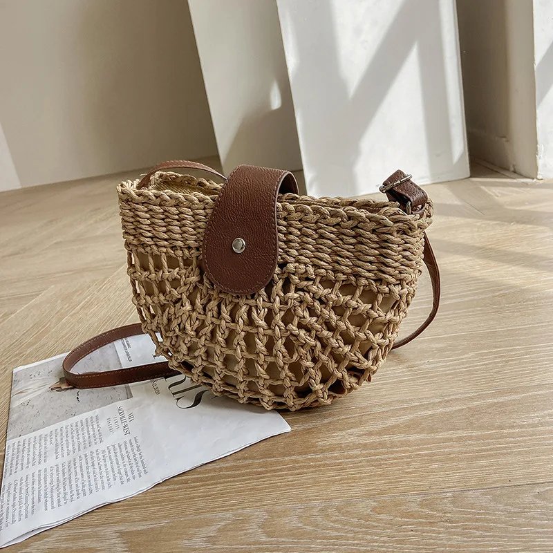 Yogodlns summer straw bag for women fashion semicircle crossbody bags rattan handmade messenger handbag travel beach bags tote