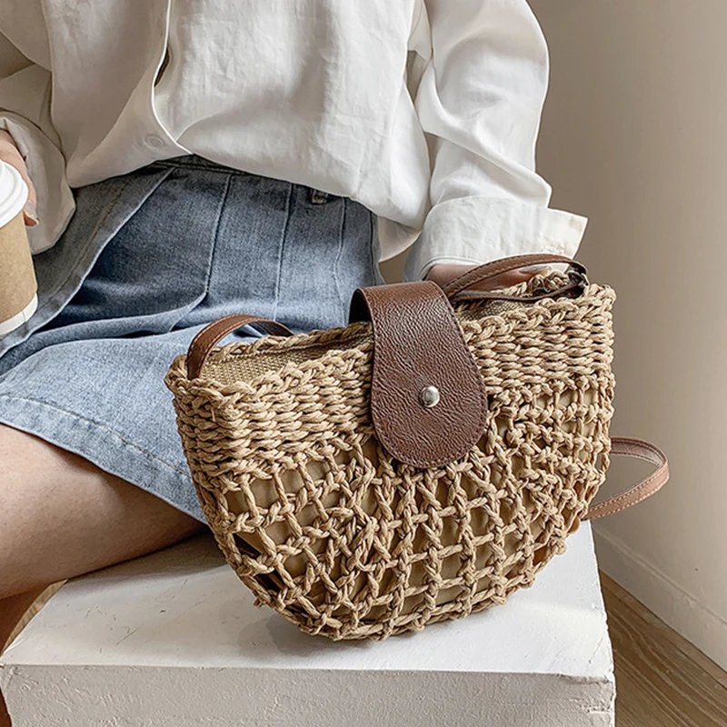 Yogodlns summer straw bag for women fashion semicircle crossbody bags rattan handmade messenger handbag travel beach bags tote