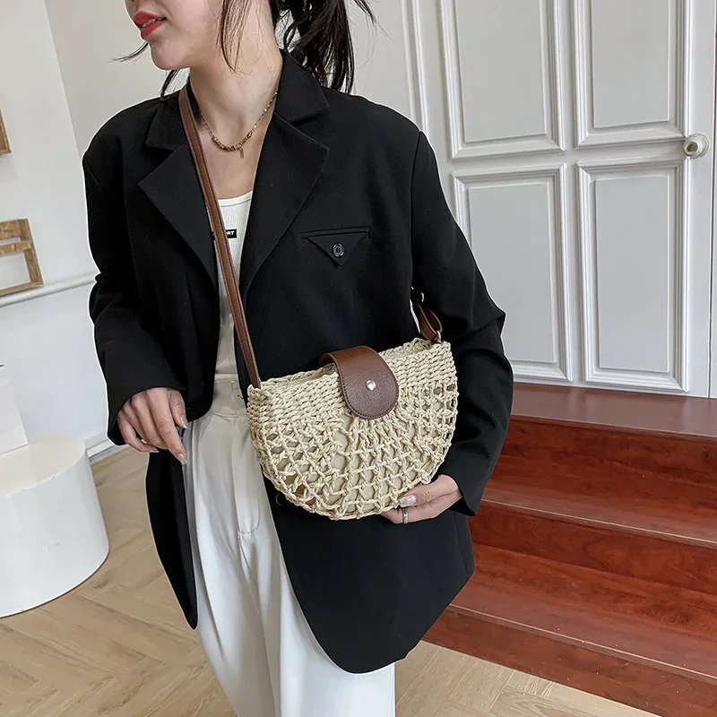 Yogodlns summer straw bag for women fashion semicircle crossbody bags rattan handmade messenger handbag travel beach bags tote