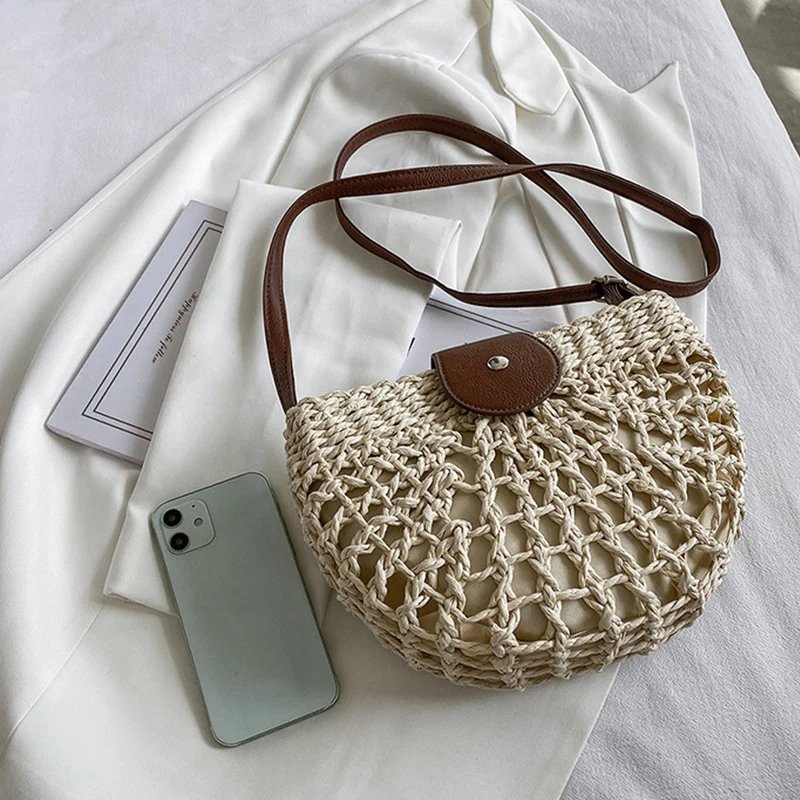 Yogodlns summer straw bag for women fashion semicircle crossbody bags rattan handmade messenger handbag travel beach bags tote