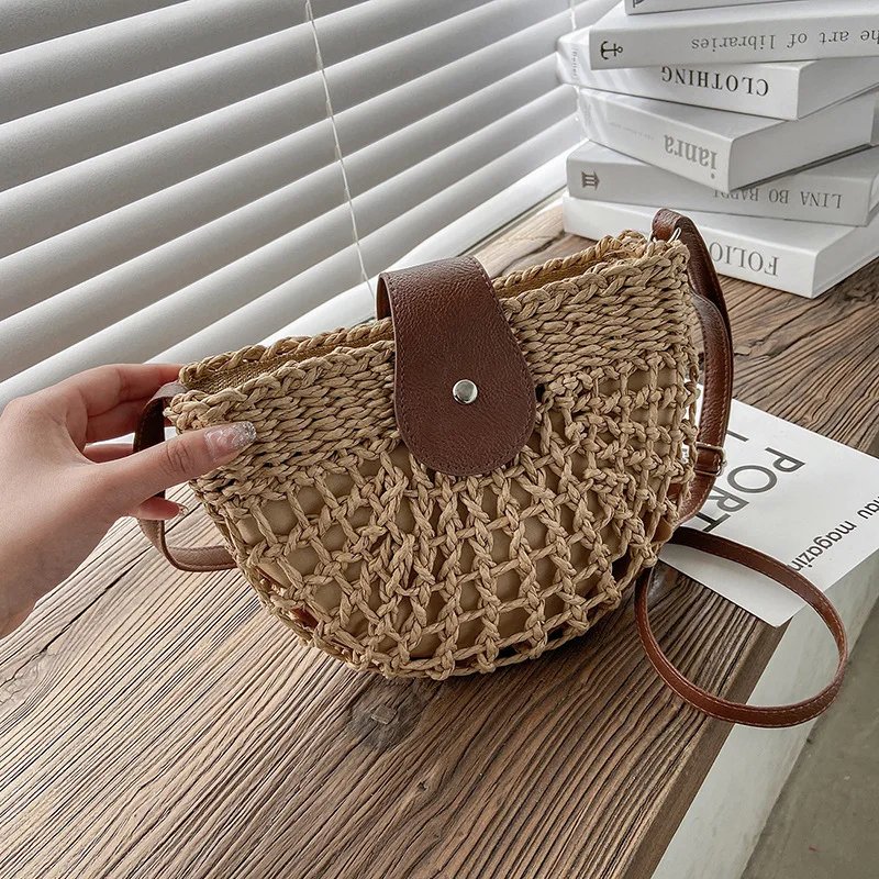 Yogodlns summer straw bag for women fashion semicircle crossbody bags rattan handmade messenger handbag travel beach bags tote