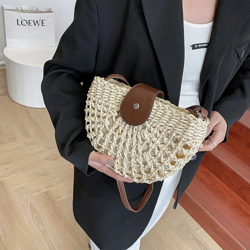 Yogodlns summer straw bag for women fashion semicircle crossbody bags rattan handmade messenger handbag travel beach bags tote