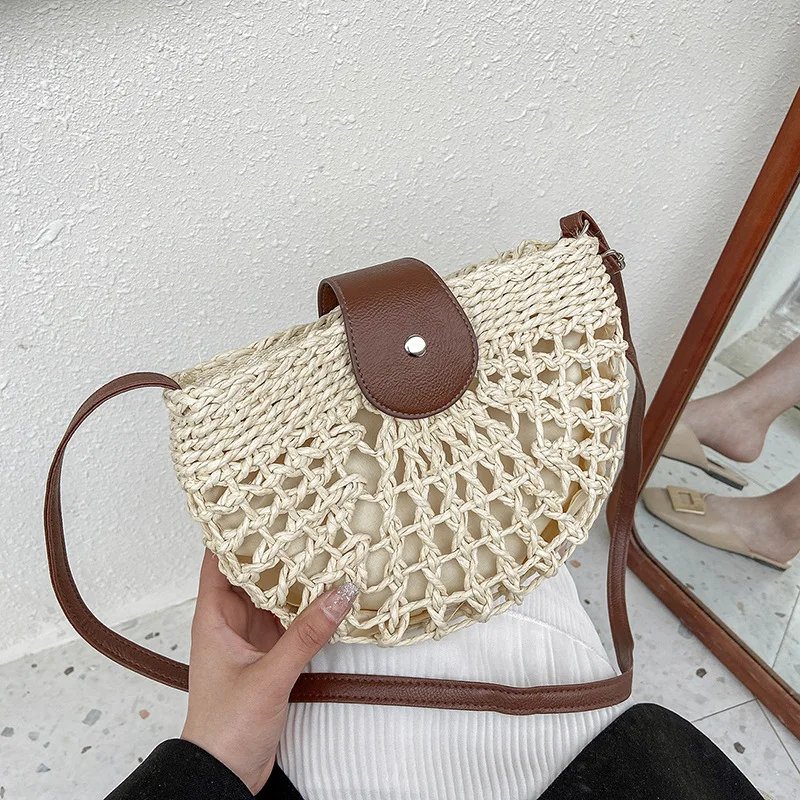 Yogodlns summer straw bag for women fashion semicircle crossbody bags rattan handmade messenger handbag travel beach bags tote