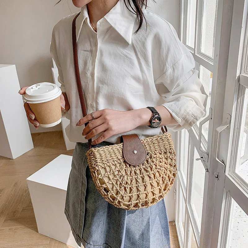 Yogodlns summer straw bag for women fashion semicircle crossbody bags rattan handmade messenger handbag travel beach bags tote