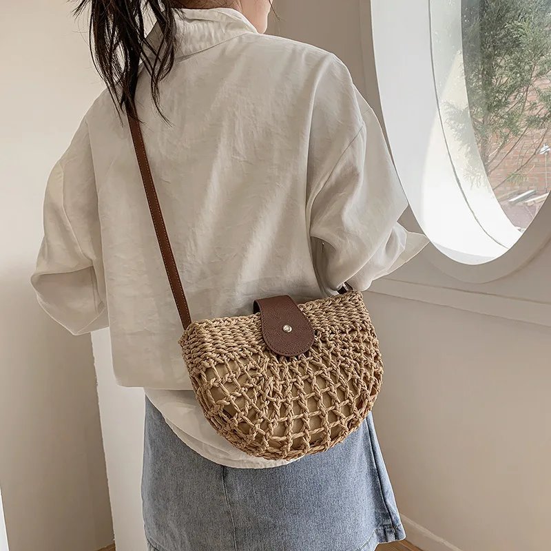 Yogodlns summer straw bag for women fashion semicircle crossbody bags rattan handmade messenger handbag travel beach bags tote