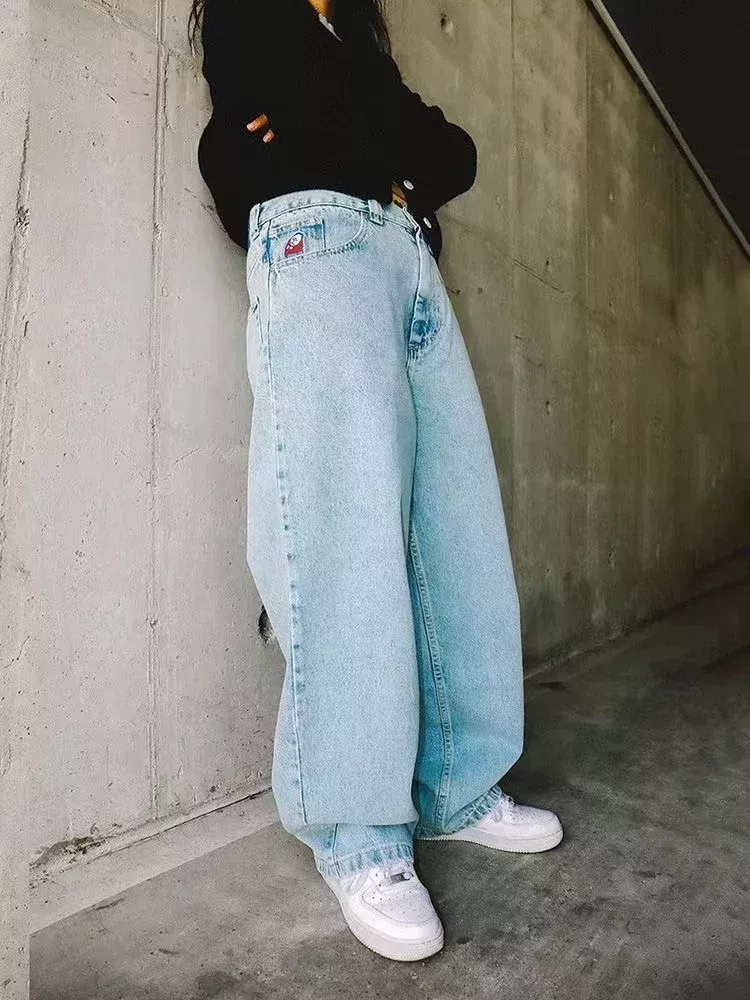 Men's Y2K Wide-Leg Streetwear Jeans - Hip Hop Embroidered Denim