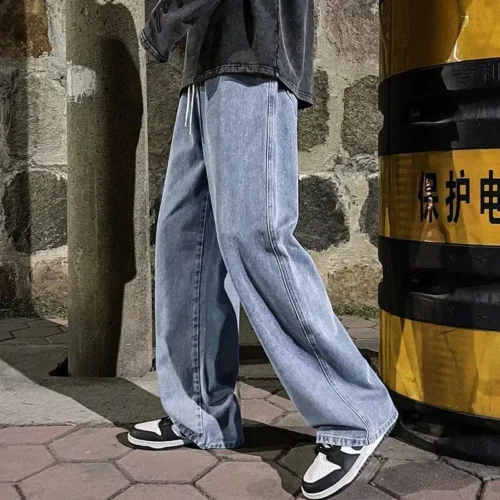 2026 Men's Wide Leg Hip Hop Jeans - Casual Loose-Fit Denim Pants