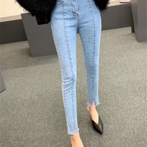 High-Waisted Slim-Fit Spliced Jeans with Split Zippers - Women's Fashion