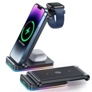 3-in-1 Foldable Wireless Charging Station: Fast Dual Coil Charger for Phones, Apple Watch, and Airpods