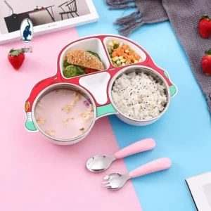 Stainless Steel Cartoon Kids Feeding Bowl & Car Divider Plate - Creative & Safe Tableware for Children