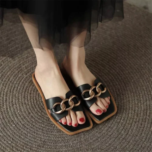 Summer Square Toe Leather Slippers