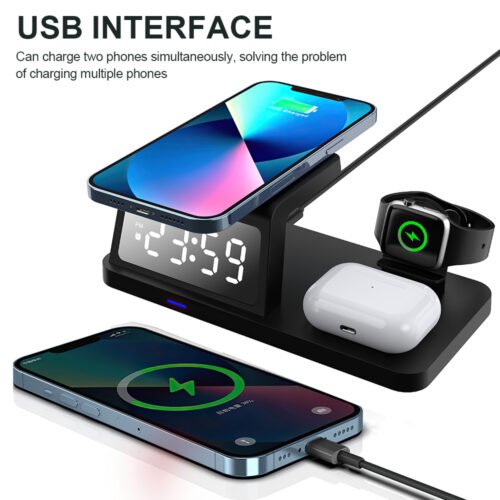 4-in-1 Wireless Charging Station with Alarm Clock for iPhone, Apple Watch & AirPods