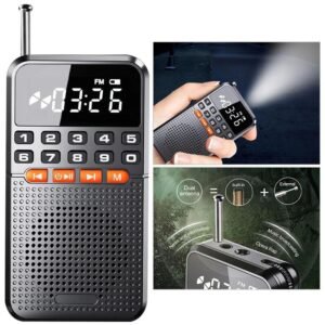 Portable FM Radio Bluetooth Speaker with TF Card Slot, LED Flashlight, and Rechargeable Battery