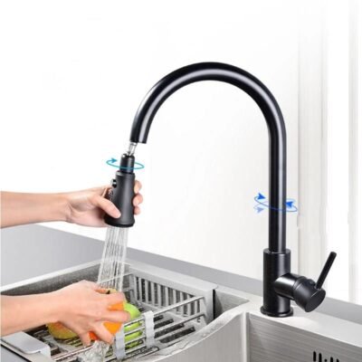 Black Pull-Out Kitchen Faucet with Silver Nickel Single Handle and Swivel Sprayer