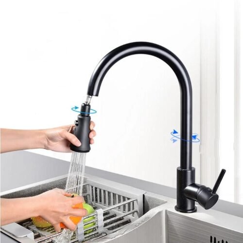 Black Pull-Out Kitchen Faucet with Silver Nickel Single Handle and Swivel Sprayer