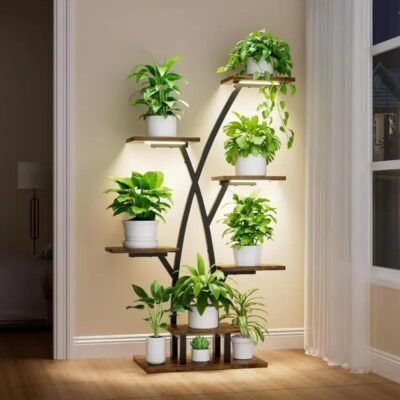 7-Tier Corner Plant Shelf with Grow Lights – Metal Indoor Plant Stand for Flower Display
