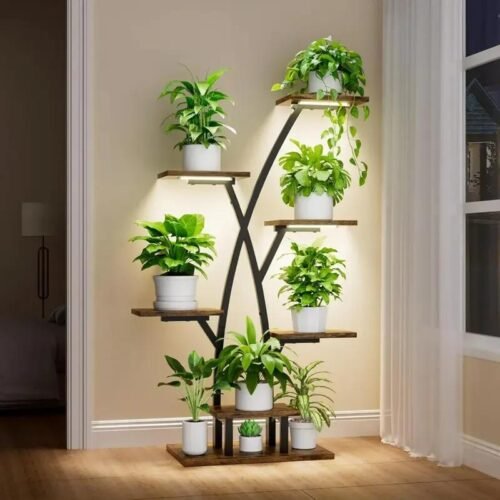 7-Tier Corner Plant Shelf with Grow Lights – Metal Indoor Plant Stand for Flower Display