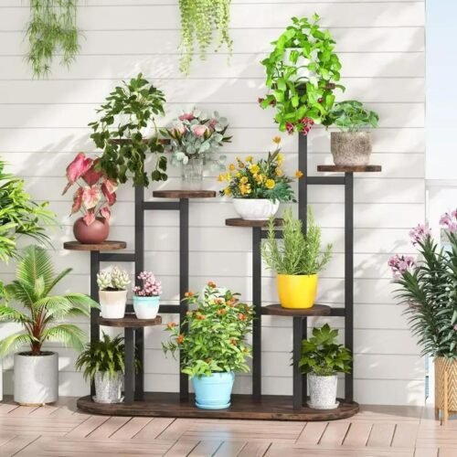 Multi-Tiered Plant Stand - 11 Pot Indoor Flower Shelf, Tall Metal & Wood Rack