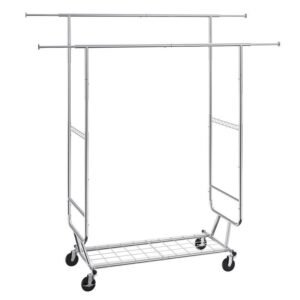 Adjustable Double Hanging Rod Garment Rack with Storage Shelf
