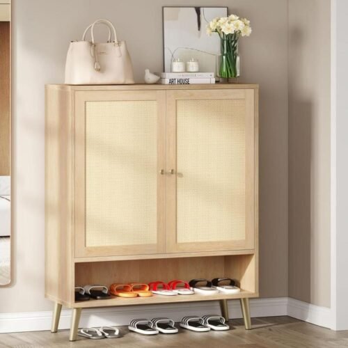 5-Tier Rattan Shoe Cabinet with Doors - Entryway Shoe Storage Organizer