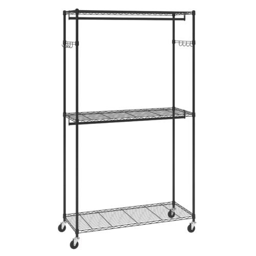 Adjustable Height Rolling Clothing Garment Rack with 3 Storage Tiers