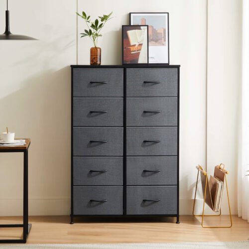 Modern 10-Drawer Bedside Table – Fabric Storage Nightstand with Steel Frame
