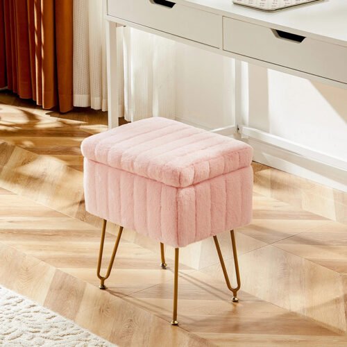 Faux Fur Padded Storage Stool with Adjustable Legs