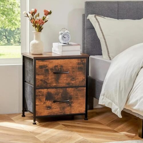 Modern Nightstand with Storage – 2 Fabric Drawers, Wood Top, Steel Frame