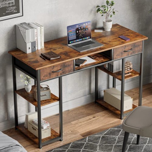48 Inch Double Deck Office Desk with Fabric Storage Drawers and Adjustable Feet