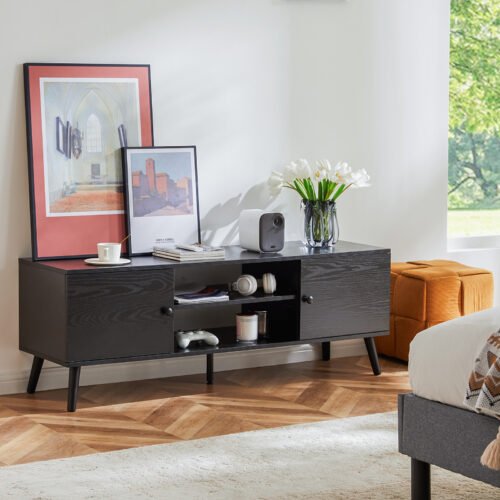 Wooden Fireplace TV Stand for 60-Inch TVs – Modern Entertainment Center with Storage