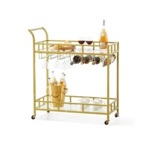 Gold Bar Cart with Lockable Wheels & Tempered Glass Shelves