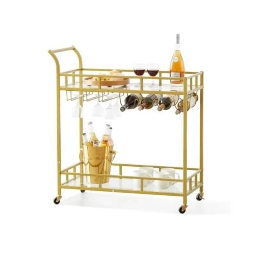 Gold Bar Cart with Lockable Wheels & Tempered Glass Shelves