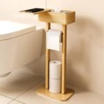 4-in-1 Freestanding Bamboo Toilet Paper Holder with Storage & Rotating Shelf