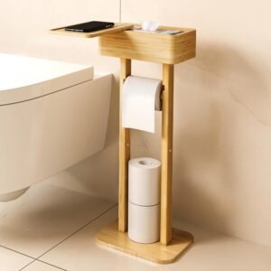 4-in-1 Freestanding Bamboo Toilet Paper Holder with Storage & Rotating Shelf