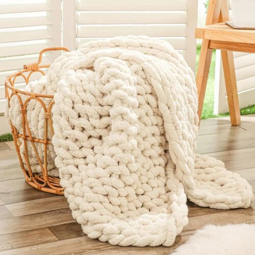 Hand Knitted Chunky Knit Throw Blanket, 40x60 inches, Jumbo Chenille Yarn