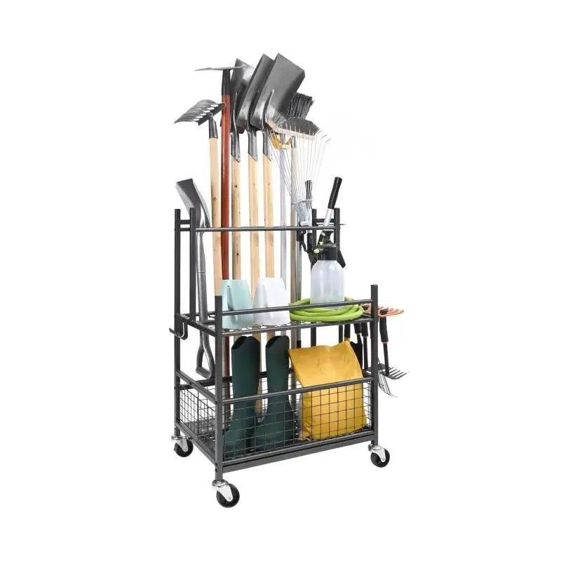 16-Slot Garden Tool Organizer with Hooks and Wheels for Garage Storage